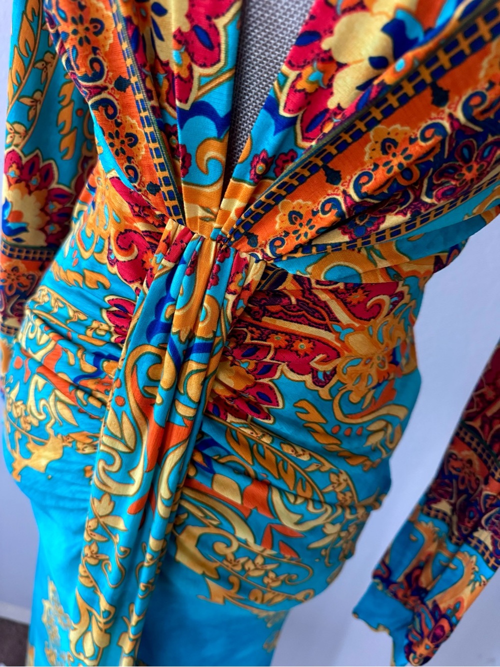 Vibrant Turquoise & Gold Print Maxi Dress with Deep V-Neck - Picture 6 of 16